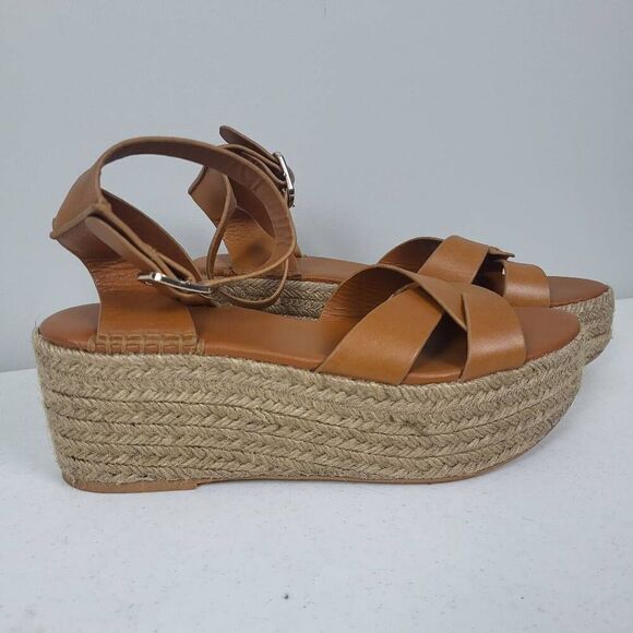 ZARA Tan Leather Hessian Wedge Sandals Shoes Size 39 UK 6 US 8 Summer Holiday - Picture 1 of 10